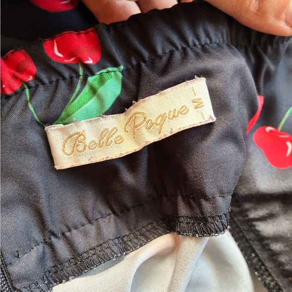 Belle Poque Cherry Print A-Line Midi Skirt w/ Tie Waist Black M— Pin-up Style - Picture 6 of 10